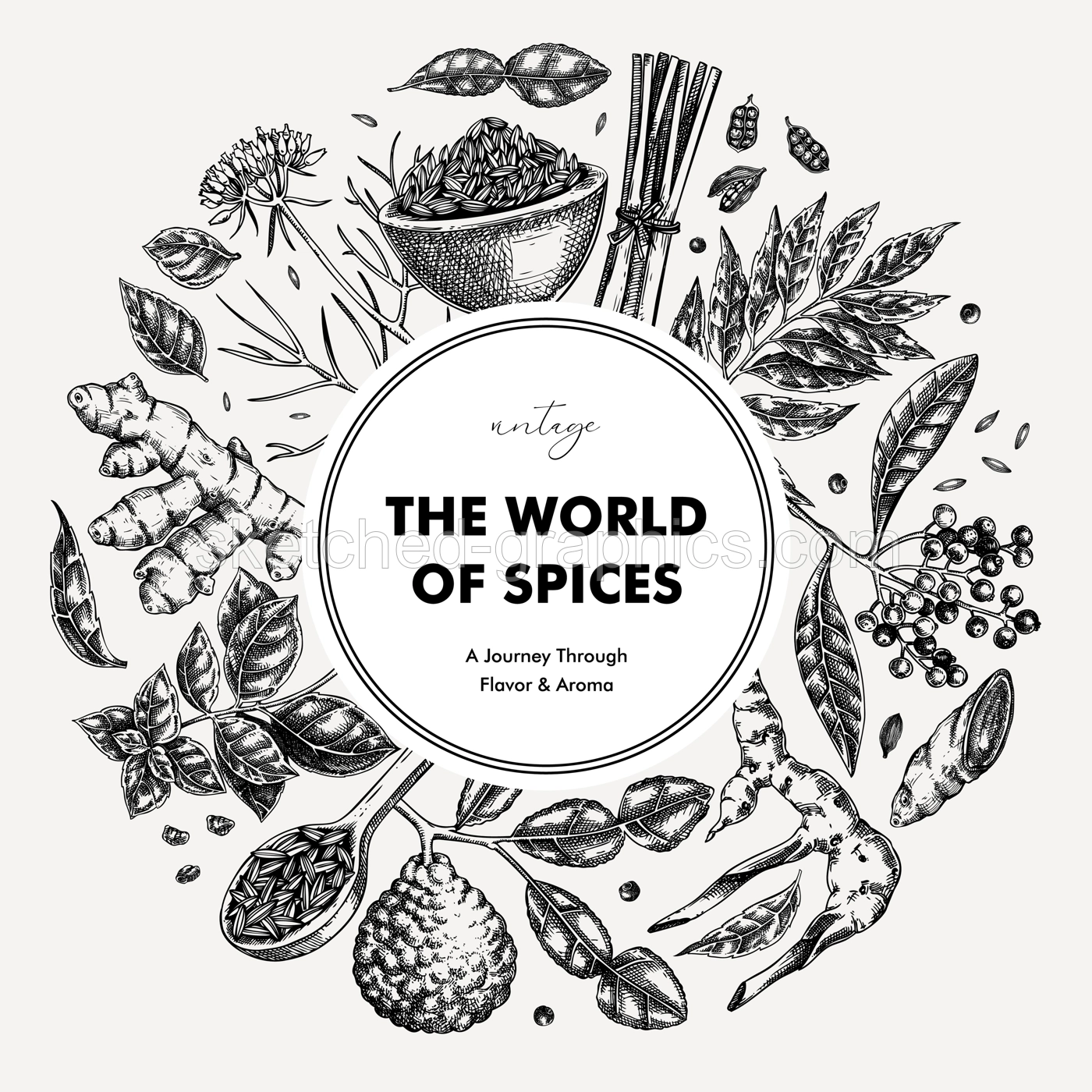 Vintage spice label design. Hand-drawn herbs vector illustration. Basil, galangal, cumin, cilantro, turmeric, lemongrass, lime sketches. NOT AI generated Illustration